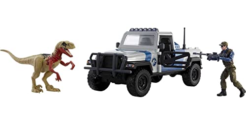 Mattel Jurassic World Search 'n Smash Truck Set with Atrociraptor Dinosaur Human Action Figure, Vehicle with Destruct Features