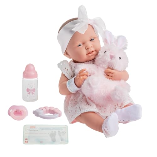 JC Toys La Newborn All-Vinyl-Anatomically Correct Real Girl 15" Doll in White Eyelet Dress with Fluffy Bunny and Accessories Designed by Berenguer