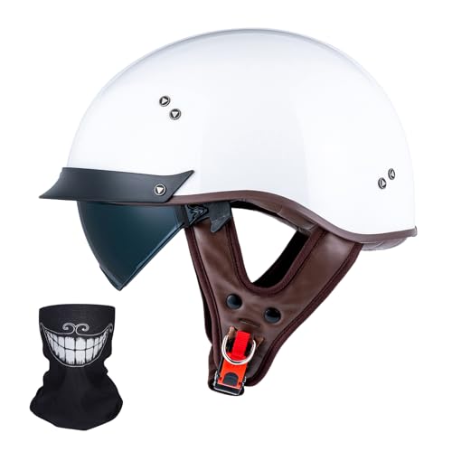 Half Motorcycle Helmets Open Face Sun Visor Quick Release Buckle DOT Approved Cruiser Pilot Helmets for Adults Men WomenGloss White,XL