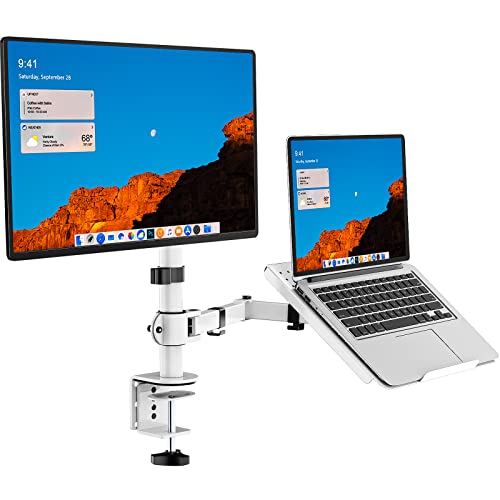 WALI Laptop and Monitor Mount Stand, Single Monitor Desk Mount with Tray for 1 Laptop Notebook up to 17 inch and 1 LCD Monitor Mount up to 27 inch, Weight up to 22lbs M001LP-W, White