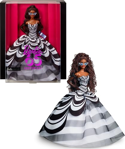 Barbie Signature Doll, 65th Anniversary Collectible with Brown Braided Hair, Black White Gown, Sapphire Gem Earrings Sunglasses