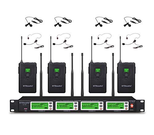 GTD Audio 4x800 Adjustable Channels UHF Diversity Wireless Cordless Lavalier/Lapel/Headset Microphone Mic System 400fts 4 Body Packs