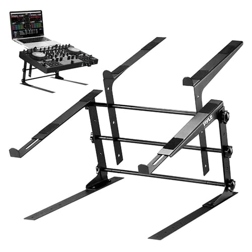 Pyle Portable Dual Laptop Stand - Standing Table with Adjustable Height, Ergonomic Design Anti-Slip Prongs for DJ Mixer, Sound Equipment, Workstation, Gaming Home Use - PLPTS38, Black