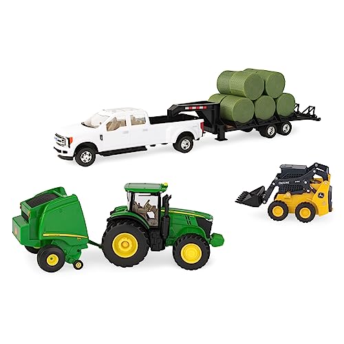 John Deere Round Bale Haying Set - 1:32 Scale - Includes 7R Tractor, 569 Round Baler, and 381G Skid Steer Toy - Construction and Farm Toys - Toddler Toys Ages 3 Years and Up