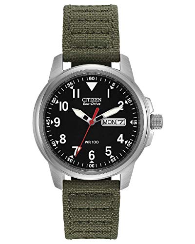 Citizen Men's Sport Casual Garrison 3-Hand Day/Date Eco-Drive Nylon Strap Watch, Arabic Markers, 100 Meters Water Resistant, Luminous Hands and Markers