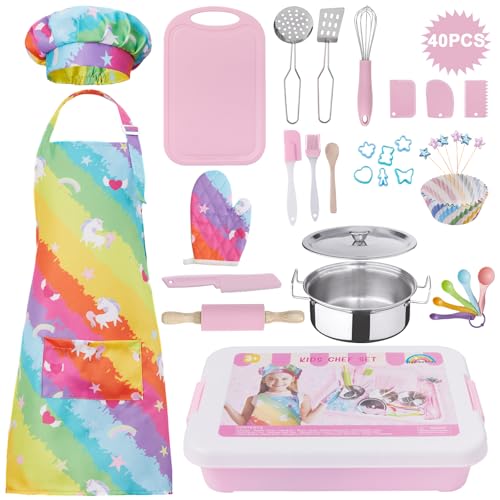 42 Pieces Kids Real Cooking Set,Kids Knife Set, Kids Baking Set,Cookware,Kids Play Pots and Pans,Mini Stainless Steel Pretend Play Cooking Toys,Apron and Chef Hat for Girls,Sensory Toys