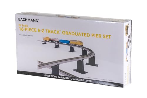 Bachmann Trains - Snap-Fit E-Z TRACK 16 PC. E-Z TRACK GRADUATED PIER SET - NICKEL SILVER Rail With Grey Roadbed - N Scale, 8