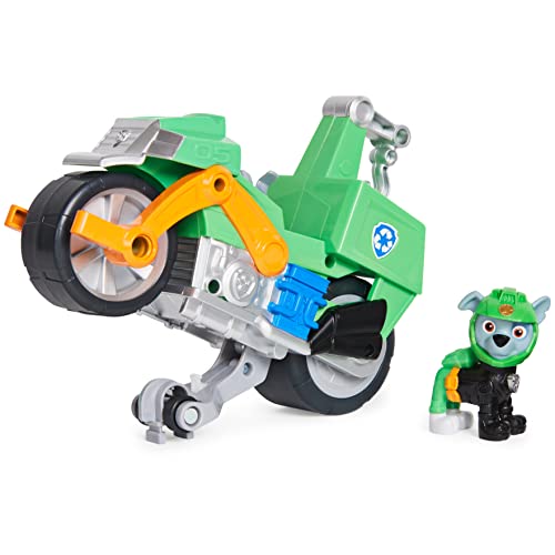 Paw Patrol, Moto Pups Rockys Deluxe Pull Back Motorcycle Vehicle with Wheelie Feature and Toy Figure