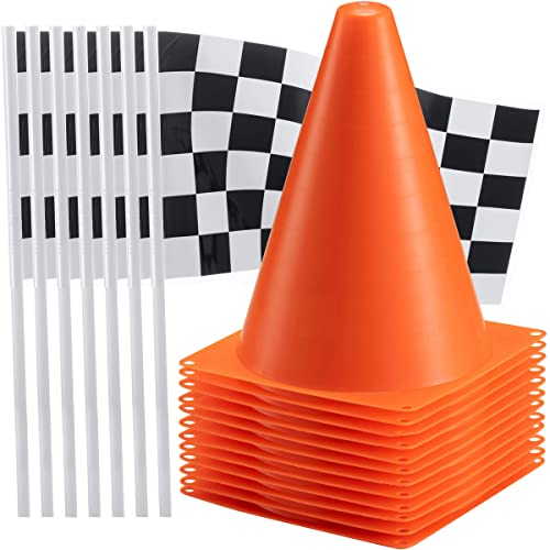 Bedwina Traffic Cones and Racing Checkered Flags - 24 Pcs 12 - Black and White Flags on Sticks and 12-8-Inch Mini Orange Sports Safety Cones for Kids - Race Car Theme Birthday Party Supplies