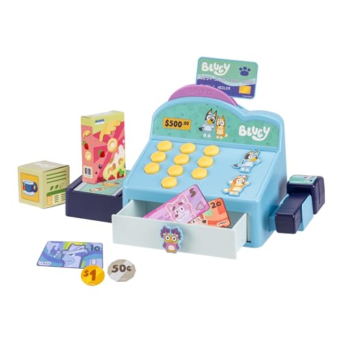 Bluey Cash Register. Press The Buttons to Hear Beeps, Sounds and Phrases from Bluey and Bingo Use The Scanner to Scan Packages and Pretend to Run a Shop Includes Toy Credit Card and Dollar Bucks!
