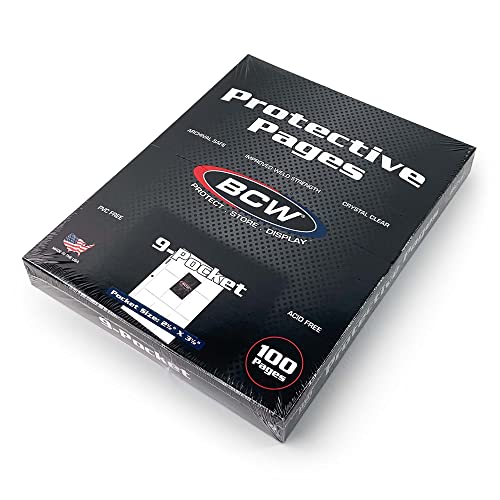 BCW 9-Pocket Trading Card Sleeves for 3 Ring Binder - 100 Pack Pages Top Loading Card Protector Pages Fits 3-Ring Binders