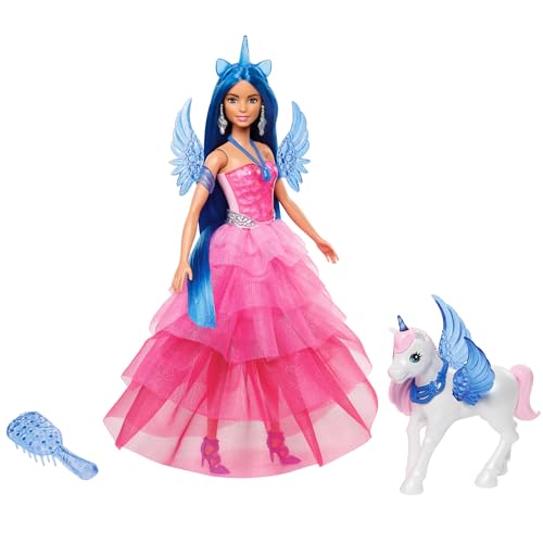 Barbie Unicorn Toy, 65th Anniversary Commemorative Doll with Blue Hair, Pink Gown and Accessories Like Sapphire Wings and Pet Alicorn, HRR16