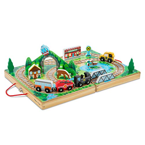 Melissa Doug 17-Piece Wooden Take-Along Tabletop Railroad, 3 Trains, Truck, Play Pieces, Bridge - FSC Certified