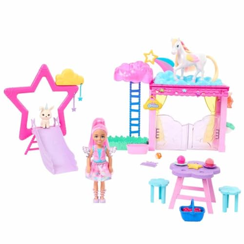 Barbie A Touch of Magic Chelsea Small Doll Pegasus Playset with Stable, Slide, Pet Bunny 10+ Accessories, Color-Change Winged Horse Toy