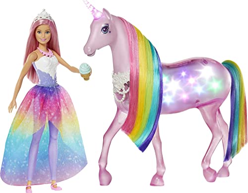 Barbie Dreamtopia Doll Unicorn Set, Pink-Haired Fashion Doll Magical Lights Unicorn Toy with Rainbow Mane, Lights Sounds