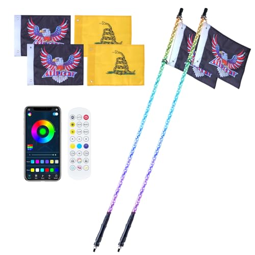 2 PCS 5 FT Whip Light, APP RF Remote Control Led Whip Light, Waterproof 360 Spiral RGB Chasing Lighted Whips with 4 Flags, for UTVs, ATVs, Motorcycles, RZR, Can-am, Trucks, Off-Road, Go-Karts