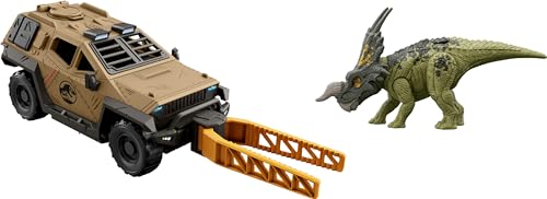 Mattel Jurassic World Truck Einiosaurus Dinosaur Action Figure Toy Set with Flip Roll Feature, Mission Mayhem Vehicle