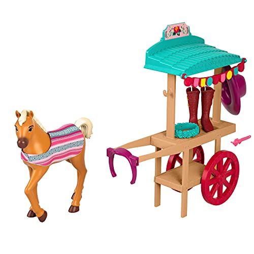 Mattel Spirit Untamed Miradero Riding Gear Cart with Rolling Wheels, Canopy, 5-in Pony Related Accessories, Great Gift for Ages 3 Up
