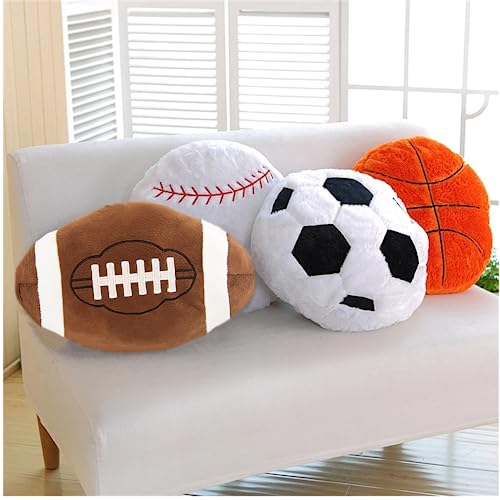 4 Pcs Sports Throw Pillows Fluffy Stuffed Soccer Ball Plush Pillow Baseball Throw Pillow Soft Stuffed Basketball Plush Pillows Football Shaped Plush Toy Sport Theme Cushion for Kids Room Decoration