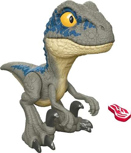 Mattel Jurassic World Mega Roar Blue Velociraptor Dinosaur Toy with Sound Stretchable Jaw Tendons, Increasing Roar Levels Feeding Feature