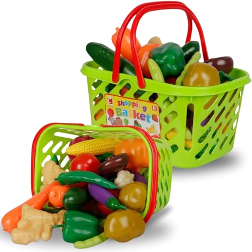 38 PCS Fruits and Vegetables Shopping Basket Play Food Plastic Toys Set, Healthy Farmer's Market Grocery Educational Pretend Play Set for Kids
