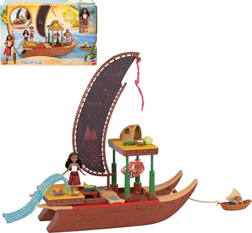 Mattel Disney Moana 2 Toys, Moanas Adventure Canoe Playset with Floating Canoe, Moana Small Doll, 1 Character Friend, 6 Play Areas 10 Accessories