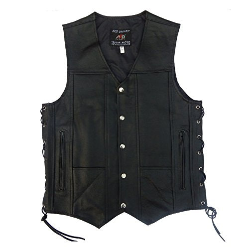 4Fit Men's Black Genuine Leather 10 Pockets Motorcycle Biker Vest S To 6XL XL CHEST 44"-46"