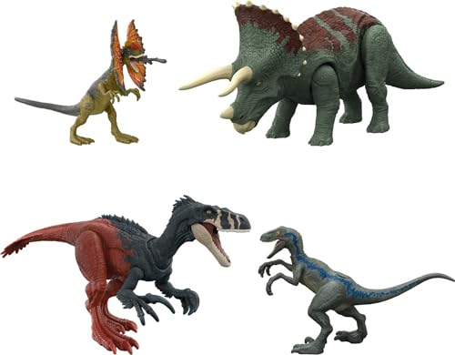 Mattel Jurassic World Dominion Survival Instincts Dinosaur Starter Set, 4 Toy Figures Including Blue, Dilophosaurus 2 Roar Strikers