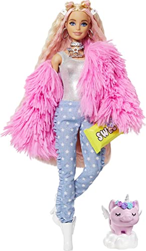 Barbie Extra Doll Accessories with Pink-Streaked Blonde Crimped Hair in Fluffy Pink Coat with Pet Unicorn-Pig