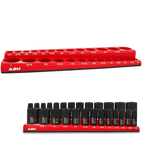 ABN Magnetic Socket Organizer Tray SAE Standard 3/8in Socket Holder Magnetic Tool Organizer 26 Slot Red Holder