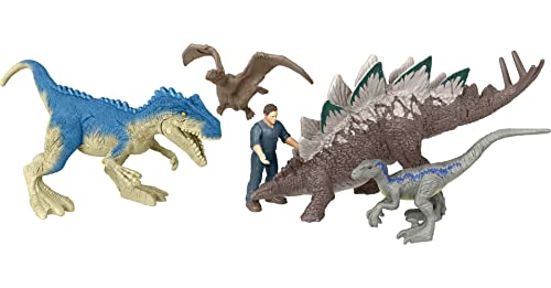 Mattel Jurassic World Dominion Chaotic Cargo Pack of 5 Mini Figures, 1 Human 4 Dinosaur Toys in Cargo Truck-Themed Package