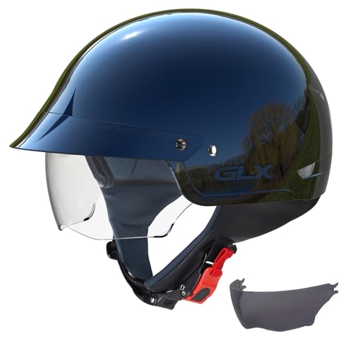 GLX M14 Cruiser Scooter Motorcycle Half Helmet with Free Tinted Retractable Visor DOT Approved Black, Large