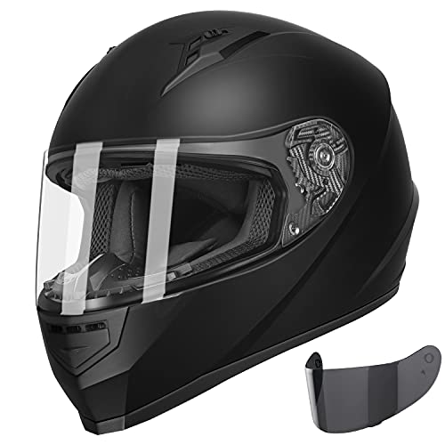 GLX GX11 Compact Lightweight Full Face Motorcycle Street Bike Helmet with Extra Tinted Visor DOT Approved Matte Black, Large