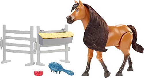 Mattel Spirit Untamed Toy Horse Accessories Playset, Forever Free Spirit Approx. 8-inch with Neighing Sounds, Long Mane Tail Hair, Brush, Hay Bale Apple Snack