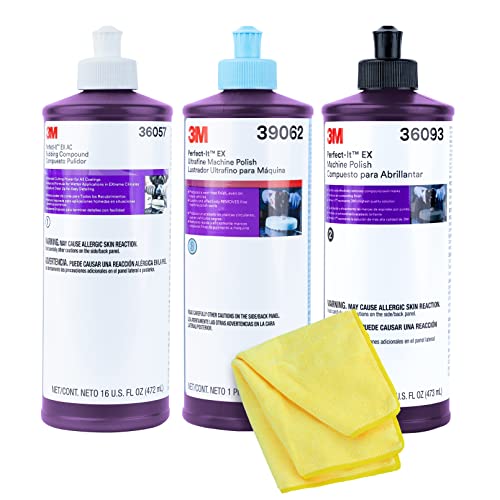 3M Perfect It Buffing and Polishing Kit 36057 39062 36093 3M Pint Rubbing Compound, Machine Polish, Ultrafine Polish Buffing Compound, Car Polishing Kit with Kangaroobands Microfiber Cloth