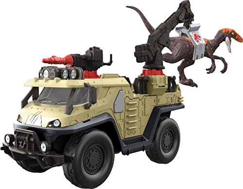 Mattel Jurassic World Dominion Capture Crush Truck Dino Playset with Velociraptor Action Figure, Vehicle Features Tranq Shooter, Crane 2 Breakaways