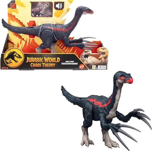 Mattel Jurassic World Chaos Theory Slash N Roar Therizinosaurus Dinosaur Action Figure Toy, Attack Claws Sound, Digital Play