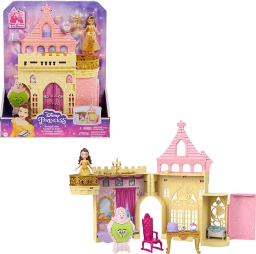 Mattel Disney Princess Toys, Belle Stackable Castle Doll House with Small Belle Doll, 4 Character Friends 3 Accessories, Portable with Handle