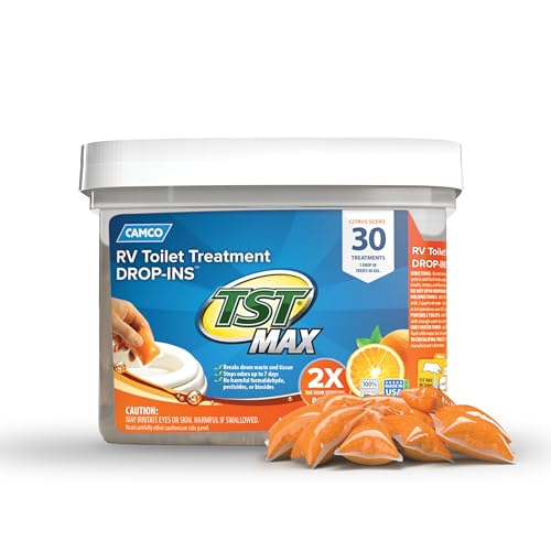 Camco TST MAX Camper/RV Toilet Treatment Drop-INs - Control Unwanted Odors Break Down Waste and Tissue - Safe Septic Tank Treatment - Orange Scent, 30-Pack 41183