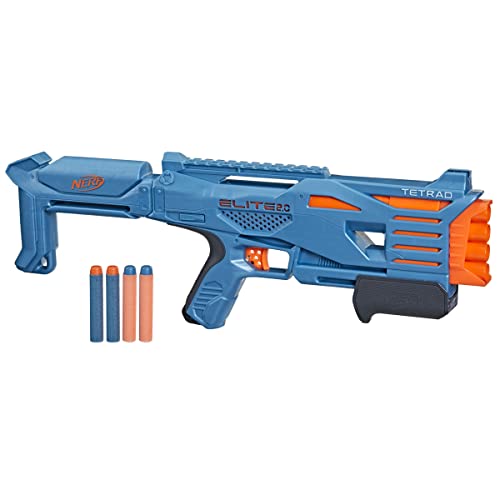 NERF Elite 2.0 Tetrad QS-4 Blaster, Includes 4 Elite Darts, 4-Barrel Blasting, Tactical Rail for Customizing Capability, Pump Action