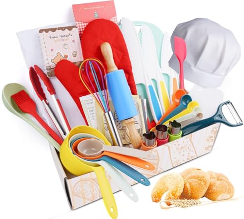 Kids Cooking Baking Set Real Cooking Utensils Guide - Complete Cooking Supplies for The Junior Chef - Kids Baking Tools for Girls Boys - Real Kitchen Accessories Kit for The Curious Child