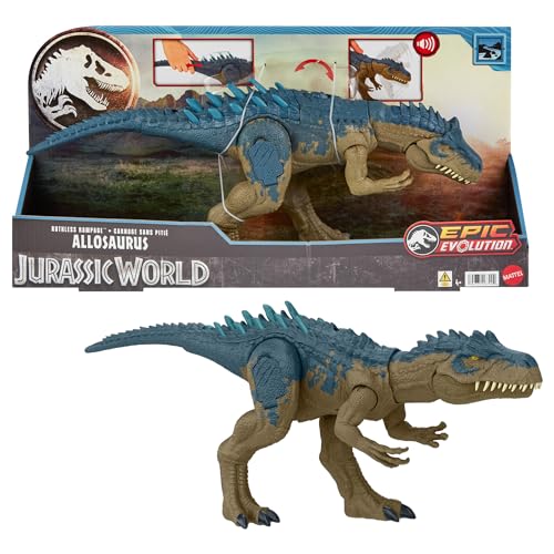 Mattel Jurassic World Ruthless Rampagin' Dinosaur Toy, Allosaurus Dino Action Figure with Chomping Attack, Roar Sounds Battle Spike Motion