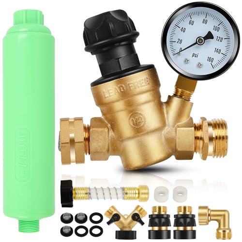 RV Camper Fresh Water Kit RV Water Filter with Flexible Hose Protector,Brass Hose Elbow,Teflon Tape,RV Water Pressure Regulator,Brass 2 Way Y Splitter,Toolbox,3/4Hose Quick Connects