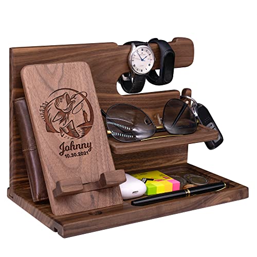Fishing Gifts for Men Personalized - Gifts for Fisherman, Nightstand Organizer, Phone Docking Station with Key Holder, Wallet Watch Organizer, Anniversary Birthday Christmas Men Gift Idea