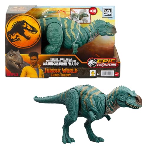 Mattel Jurassic World Wild Roar Dinosaur Action Figure, Majungasaurus with Continuing Masssive Chomp Attack Roar Sound, Posable Toy with Digital Play