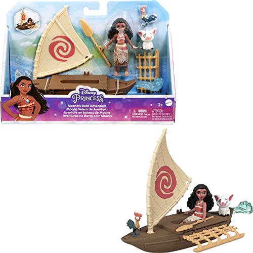 Mattel Disney Princess Moana Small Doll Boat Playset with Floating Boat Vehicle 2 Character Friends, from Mattel Disney Movie