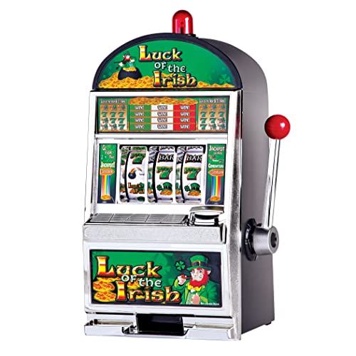 Luck of The Irish Slot Machine Bank - Slots with Chrome Bevel and Tray, Spinning Reels, and Flashing Light - Casino Games by Trademark Poker Green