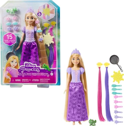 Mattel Disney Princess Rapunzel Fashion Doll with 2 Color-Change Hair Extensions 10 Hairstyling Pieces, Inspired by the Disney Movie Tangled