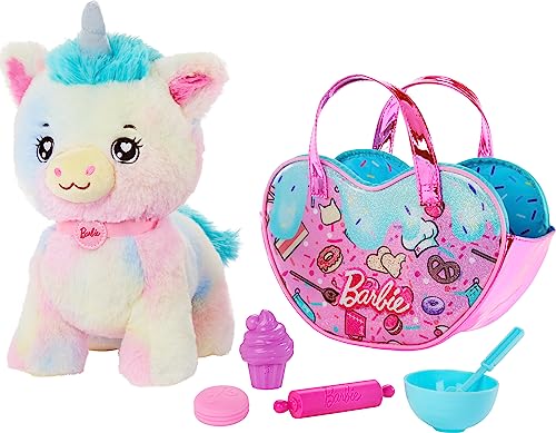 Barbie Plush Toy Set, Unicorn Stuffed Animal with Dessert-Themed Purse 5 Accessories, Chef Pet Adventure