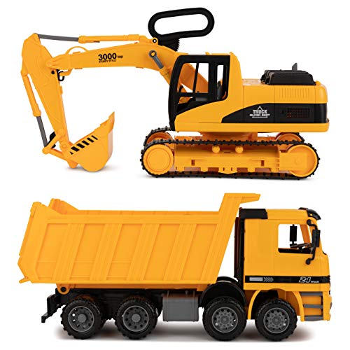 Toy To Enjoy Construction Toys - Excavator Dump Truck Toy for Kids Set of 2 Moveable Claw Lifting Back Garbage Truck Bulldozer Digger Construction Vehicles for Boys Kids